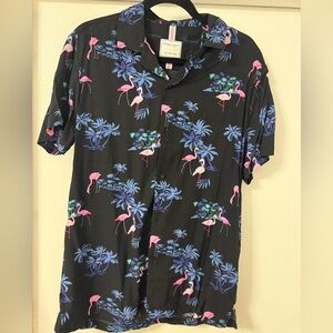 NWT-Men Denim & Flower Tropical Shirt with Pink Flamingo Print